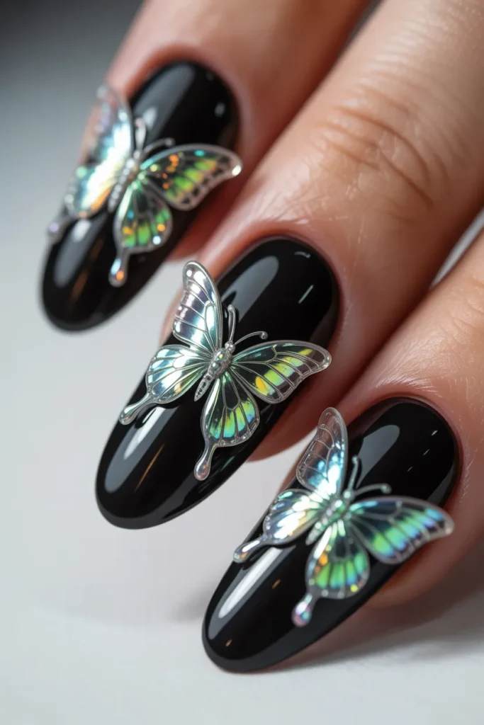 24. Black Nails with Iridescent Green Butterfly