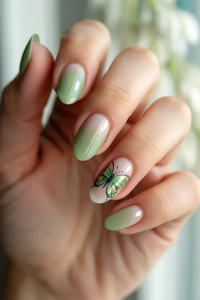 24. Green Butterfly Accent Nails