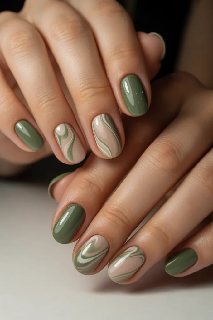 24. Green Nude Swirl Nails