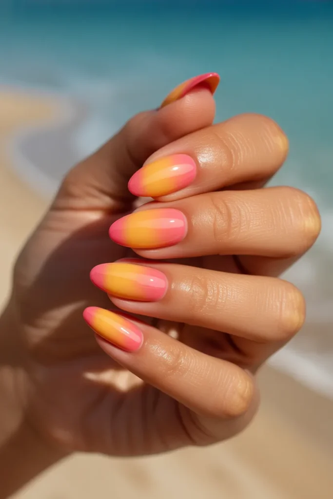 24. Orange and Coral Almond Nails