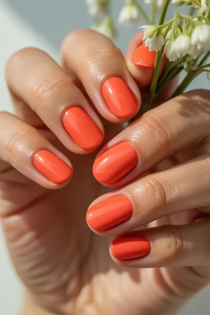 24. Quick Spring Gel Nails — Solid Coral Short