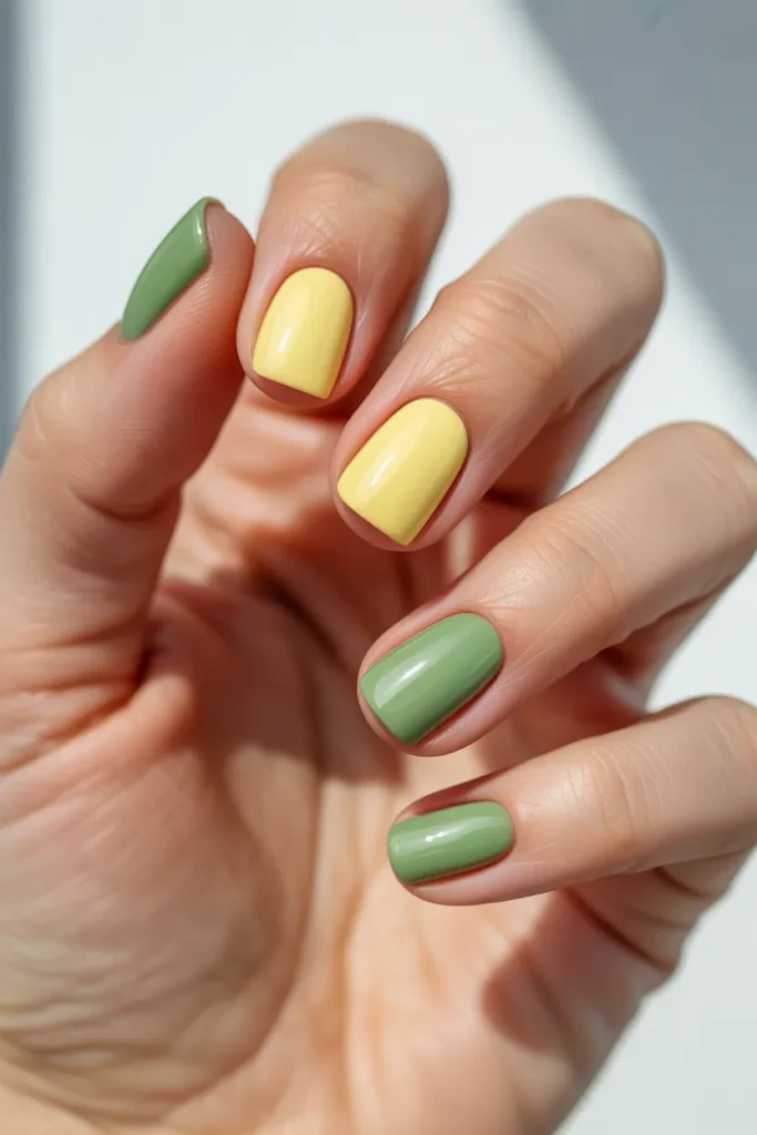 24. Short Easter Nails — Yellow and Green Spring