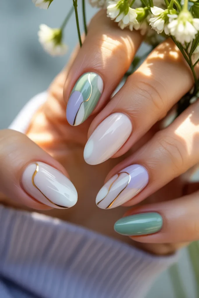 24. Simple Easter Nails — Pastel Abstract Line Art