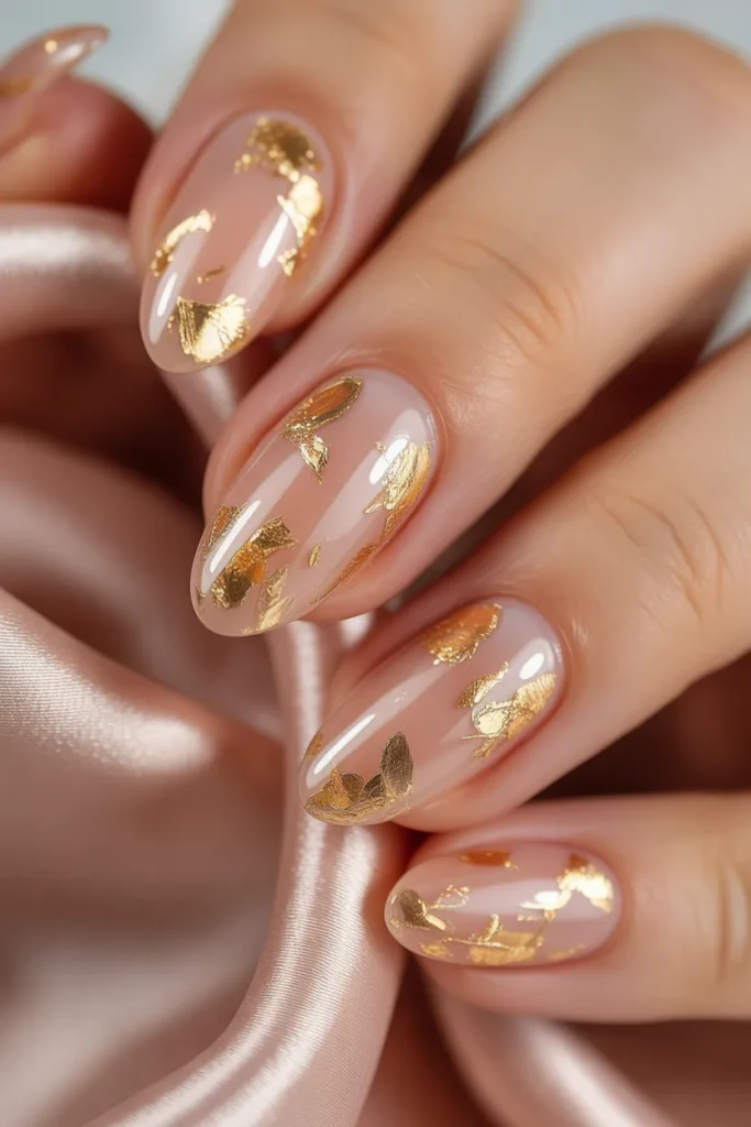 24. Spring Nail Trends 2026 — Sheer Pink with Gold Flakes