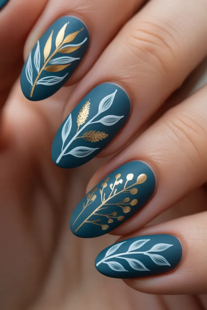 24.Teal Blue Botanical Nails