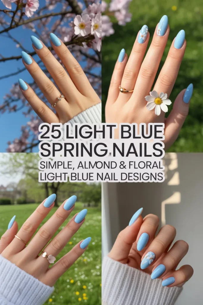 25 Light Blue Spring Nails 🌸 Simple Almond Floral Light Blue Nail Designs