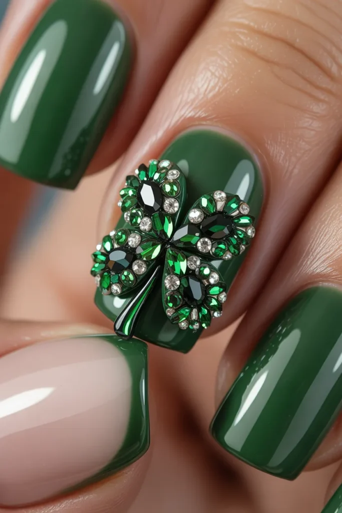 25. Clover and Gem Accent Nail Art