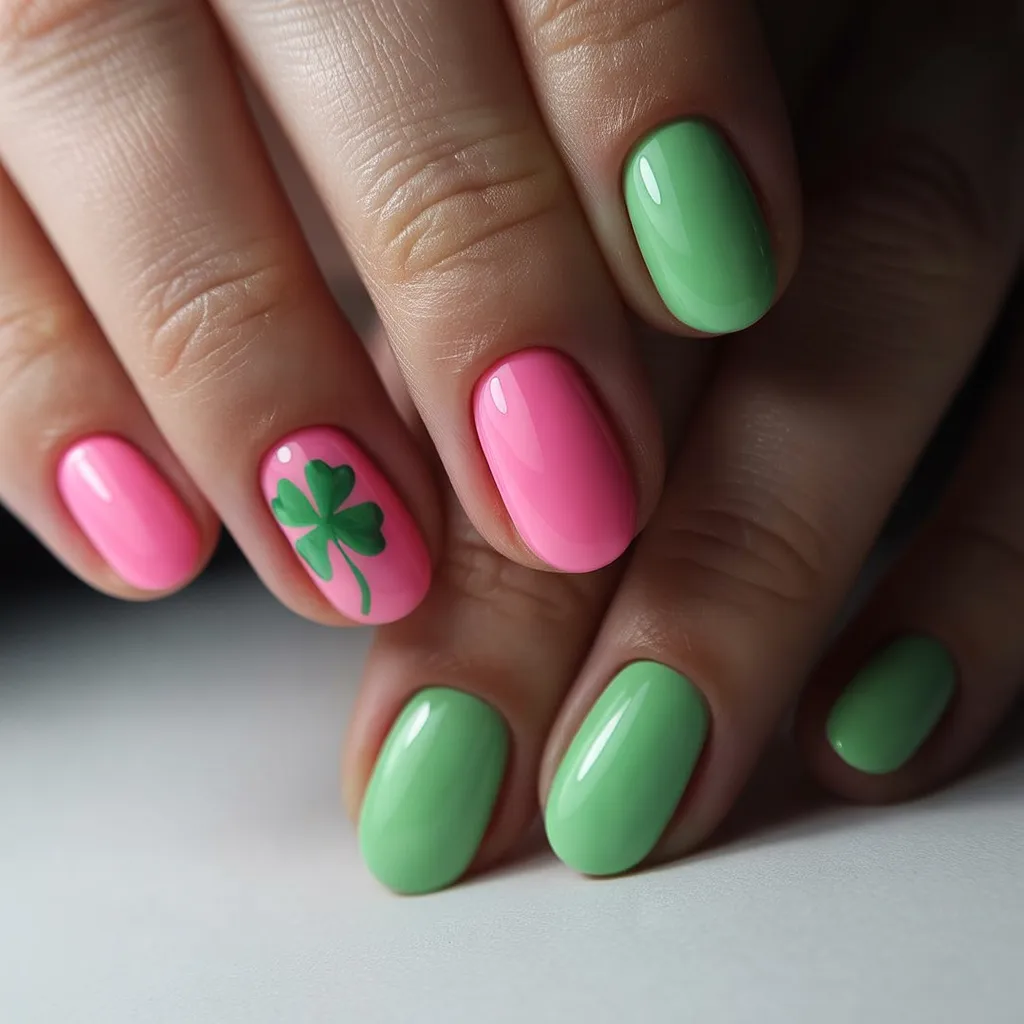 25. Cute Pink and Green St. Patricks Nails