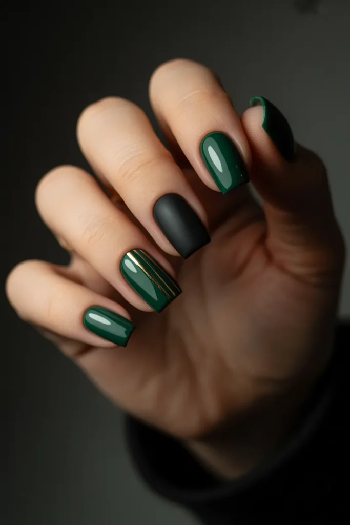 25. Dark Green and Black Nail Design