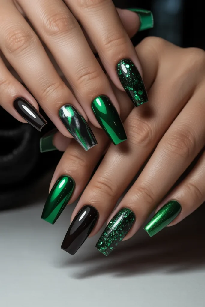 25. Full Black and Green Mixed Finish Nail Set