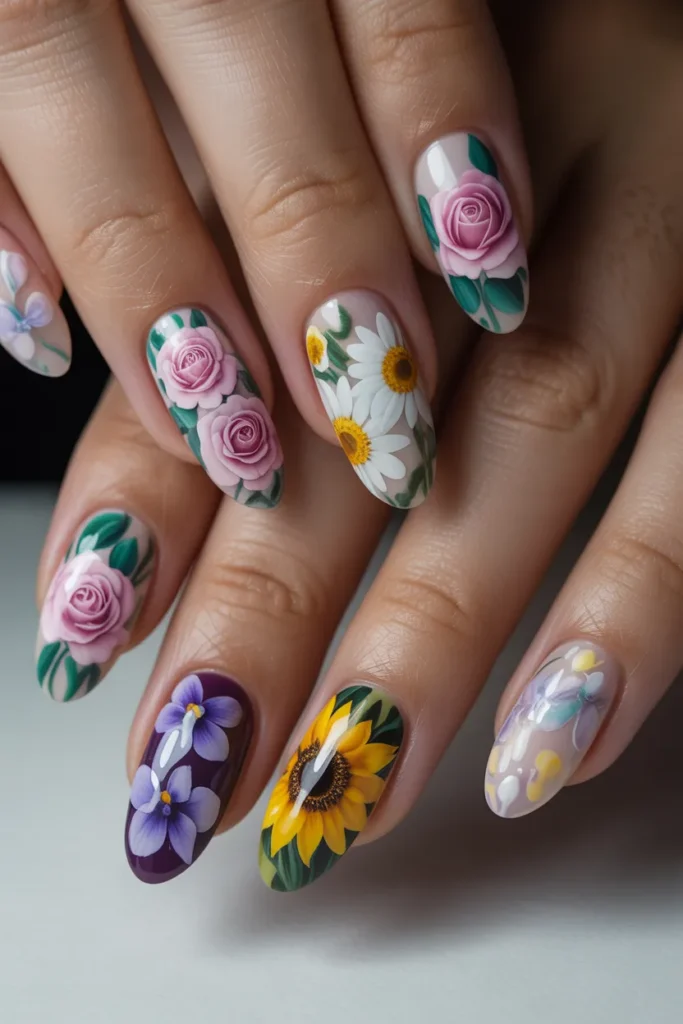 25. Full Floral Spring Nail Set — Mixed Garden Design