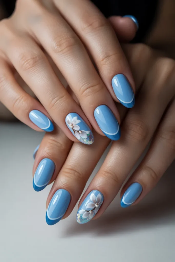 25. Full Light Blue Spring Nail Set — Flowers French Glitter