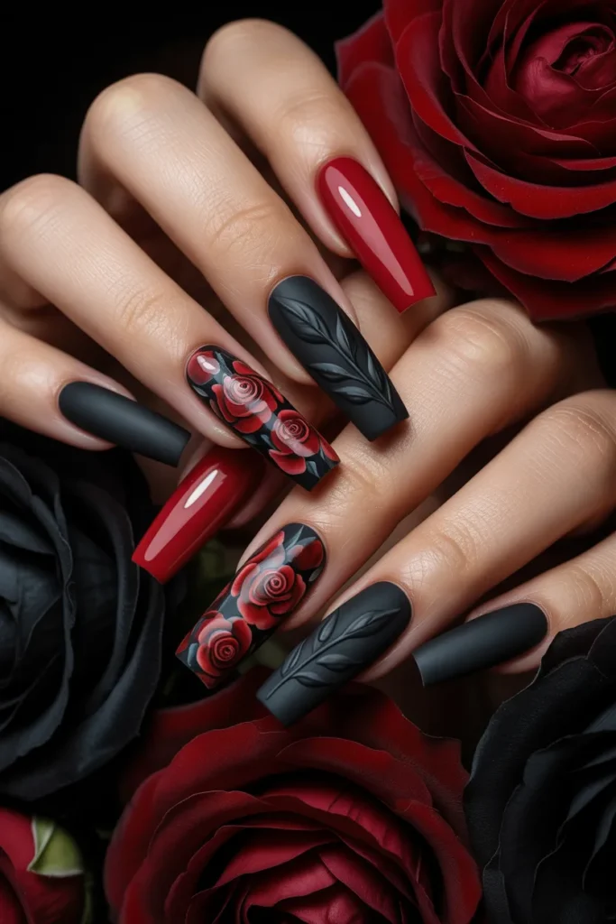 25. Gorgeous Nails 2026 — Red Black Floral Statement Nails