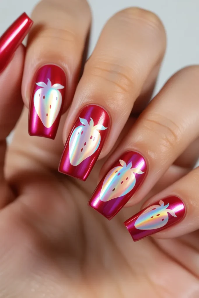 Strawberry Nail Art 26 25. Holographic Strawberry Nail Art