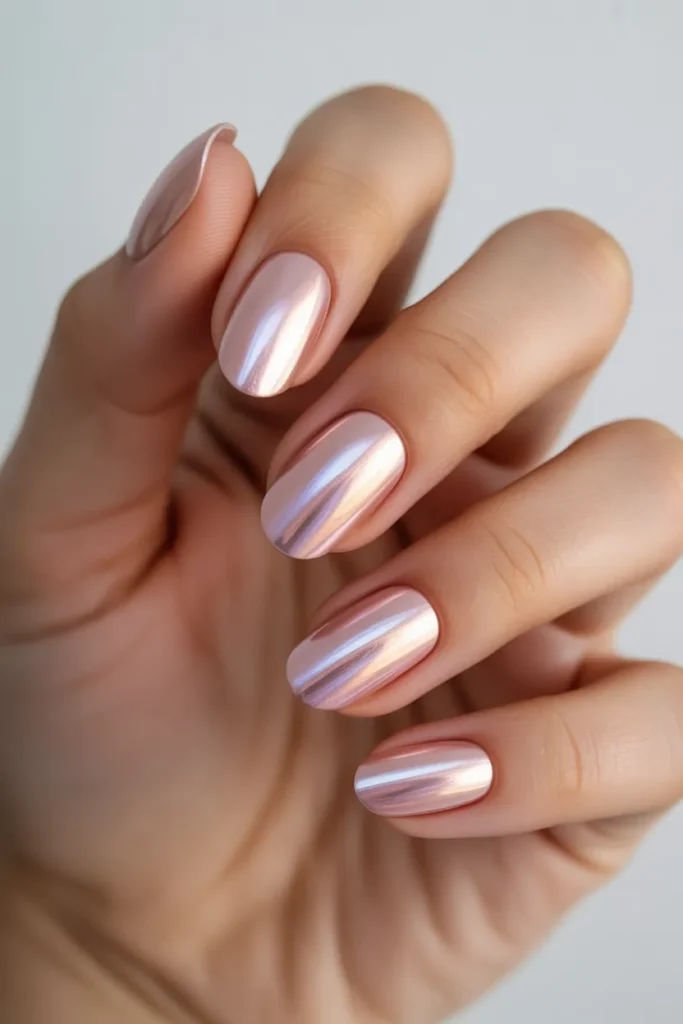 25. Iridescent Chrome Nails in Soft Pink