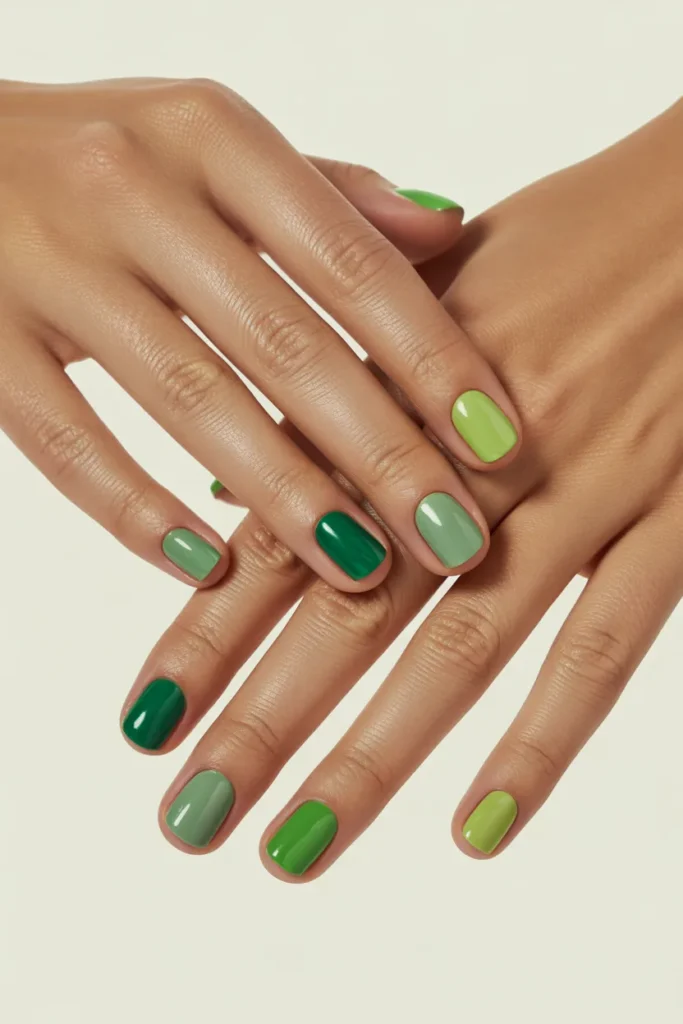 25. Mixed Green Patchwork Nails