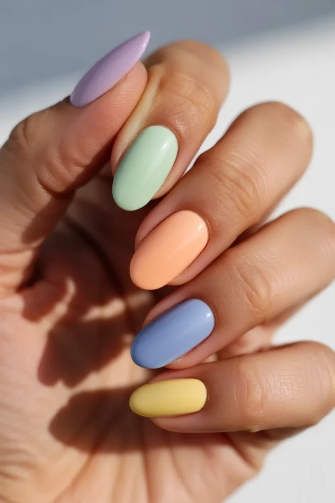 25. Multicolor Pastel Solid Almond Nails