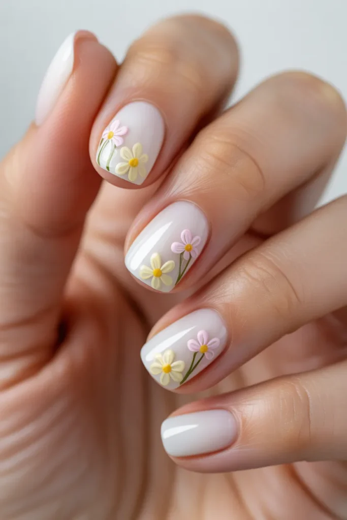 25. Simple Spring Nail Ideas — White Floral Short Nails