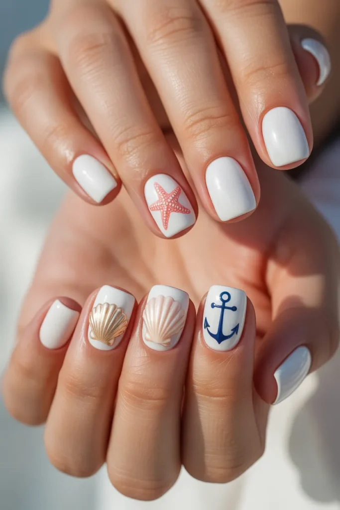 25. Simple White Gel Nails with Beach Charm Details
