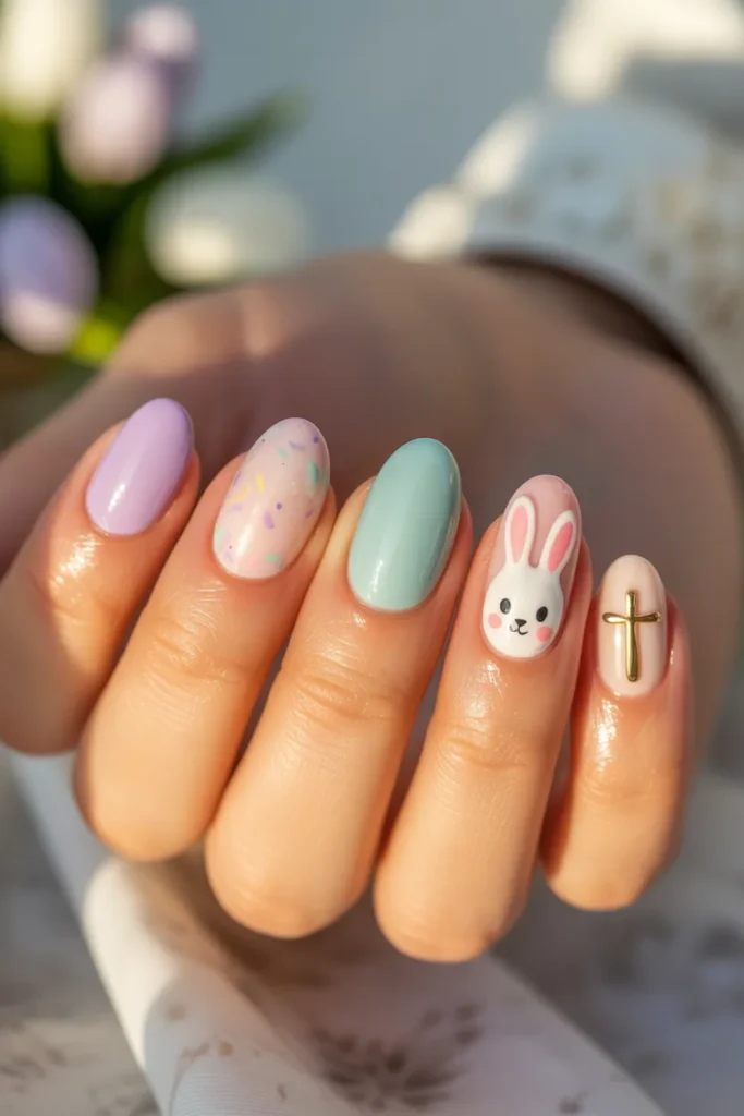 25. The Ultimate Simple Easter Nails Set — Pastel Mix Bunny Egg Cross