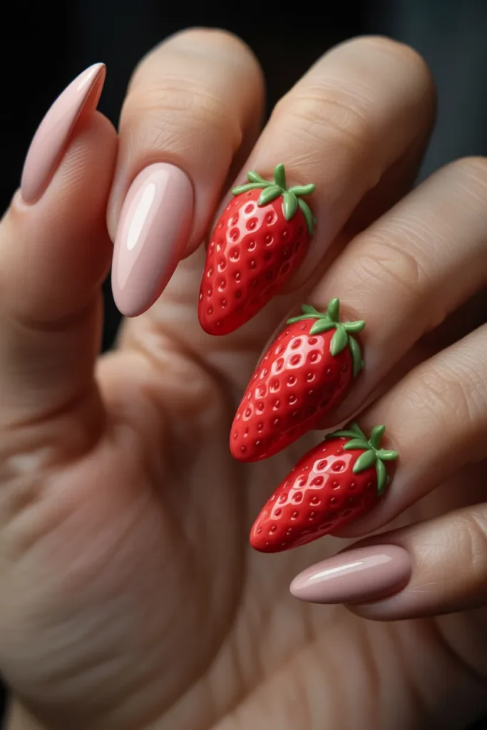 Strawberry Nail Art 4 3. 3D Strawberry Nail Art with Sculpted Fruit