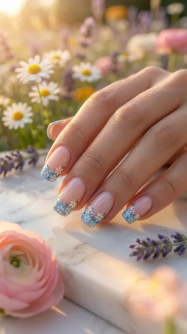 Blue and white spring nails with French tip on square nails — blue and white spring nail design 2026