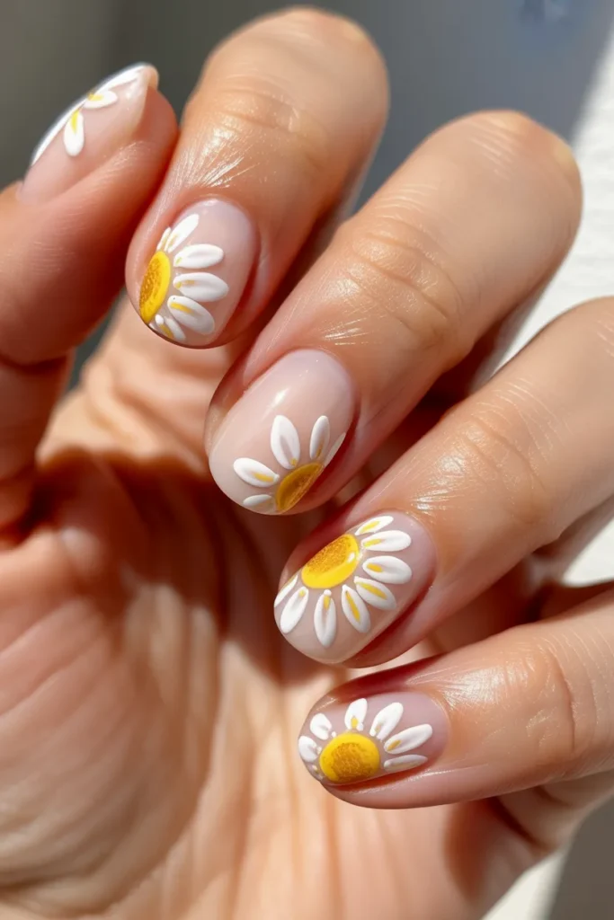 3. Daisy Gel Nails — Spring Floral Classic