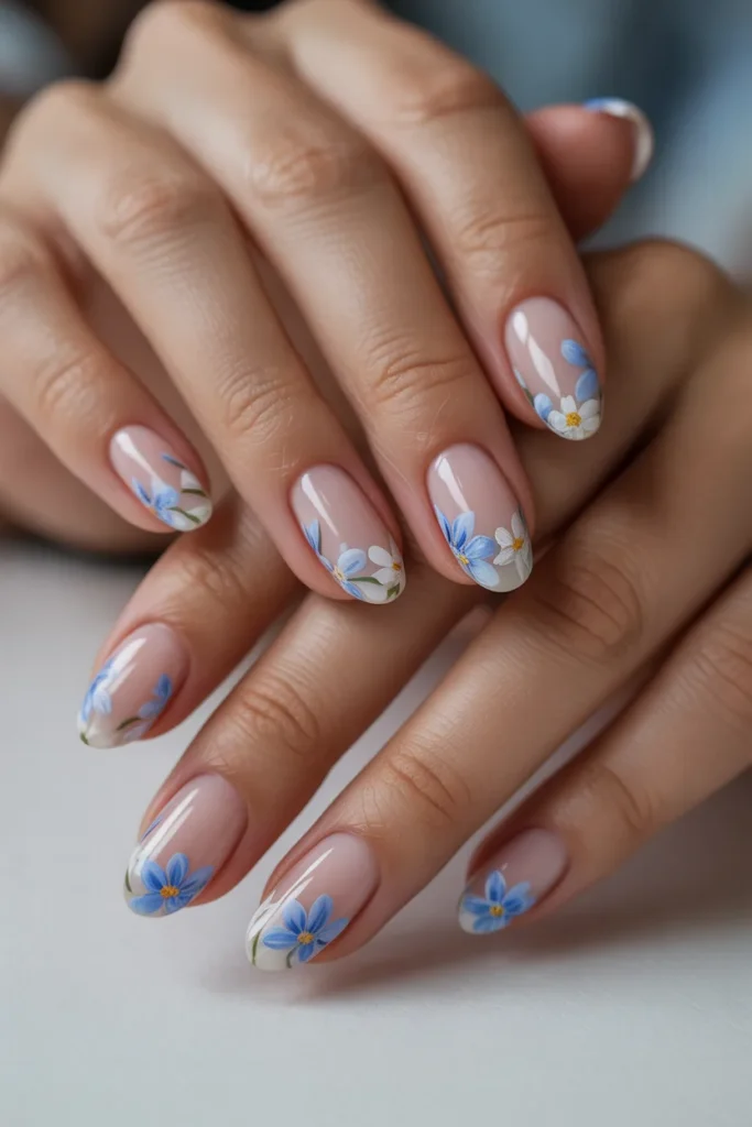 3. French Tip with Tiny Blue Flowers