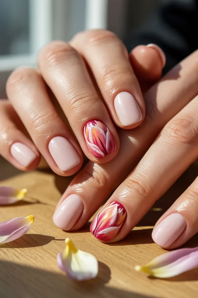3. Hand Painted Tulip Nails on Pale Pink — Short Seasonal