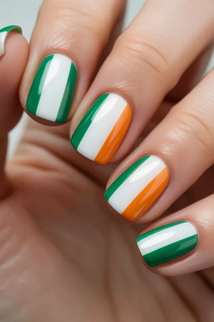3. Irish Flag Nails — Green White and Orange