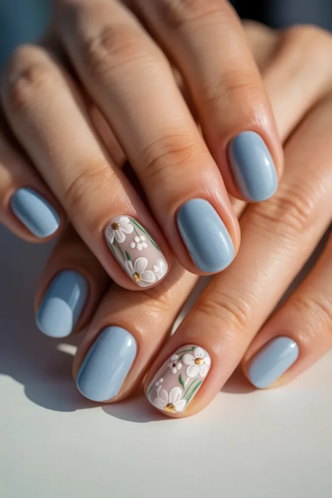3. Light Blue Nails with White Flowers