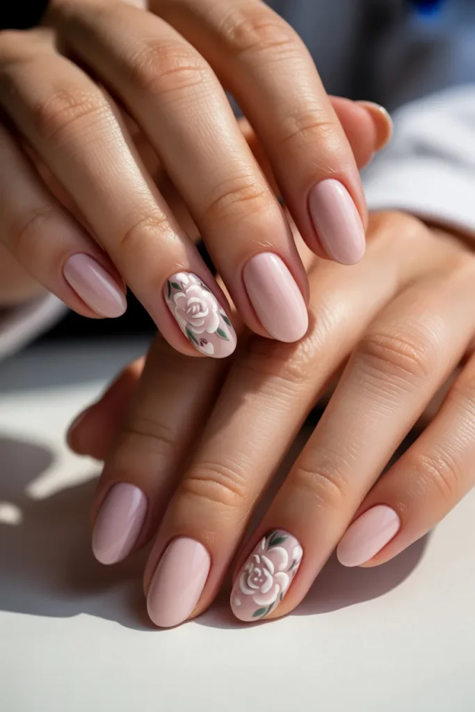 3. Pink and White Floral Almond Nails