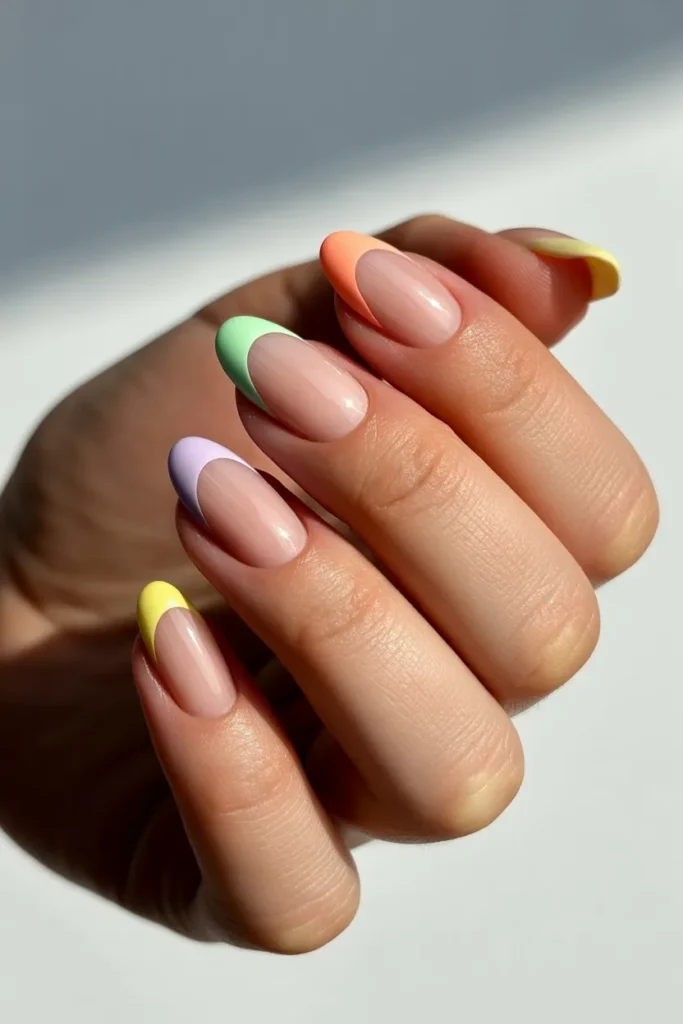 3. Short Easter French Tip Nails — Pastel Tips