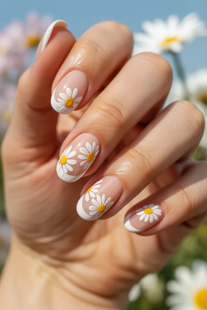 4. Daisy French Tip Nails