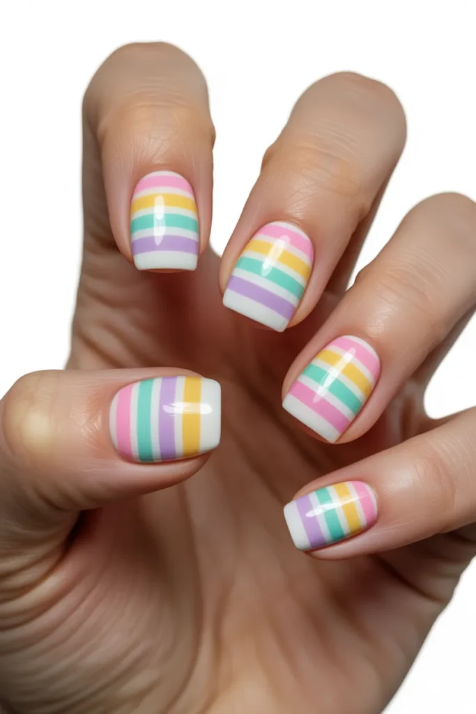 4. Easter Egg Nails Short — Pastel Striped Design