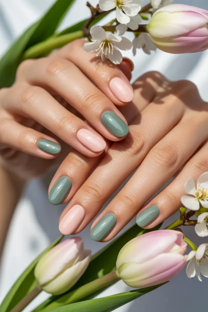 4. Pink and Green Spring Nails