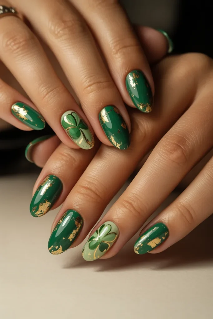 4. Shamrock Nails with Gold Foil Accents