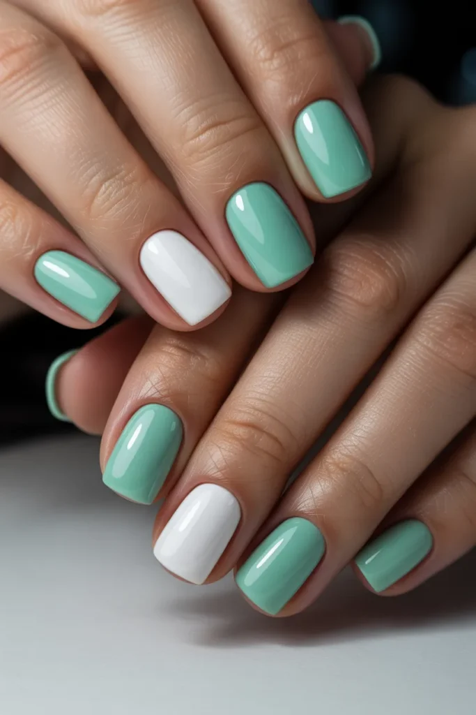 4. Short Square Easter Nails — Mint and White