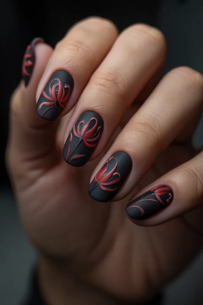 5. Black and Red Spider Lily Nails — Trendy Nail Art 2026