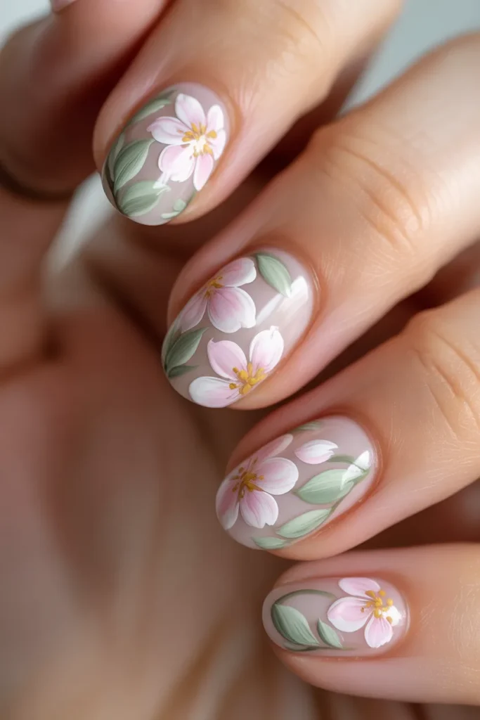 5. Green Floral Nail Art