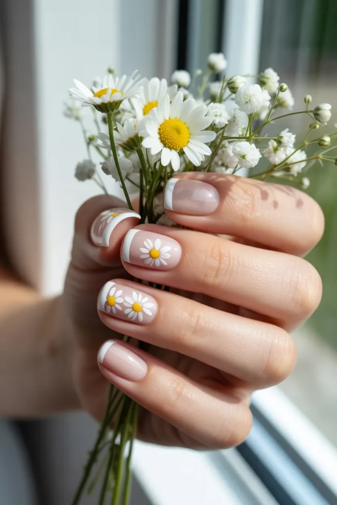 5. Short Square Spring Nails with Flowers — Daisy Art