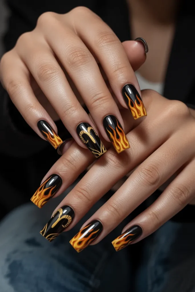 5. Unique Aries Acrylic Nails — Flame and Ram Horn Art