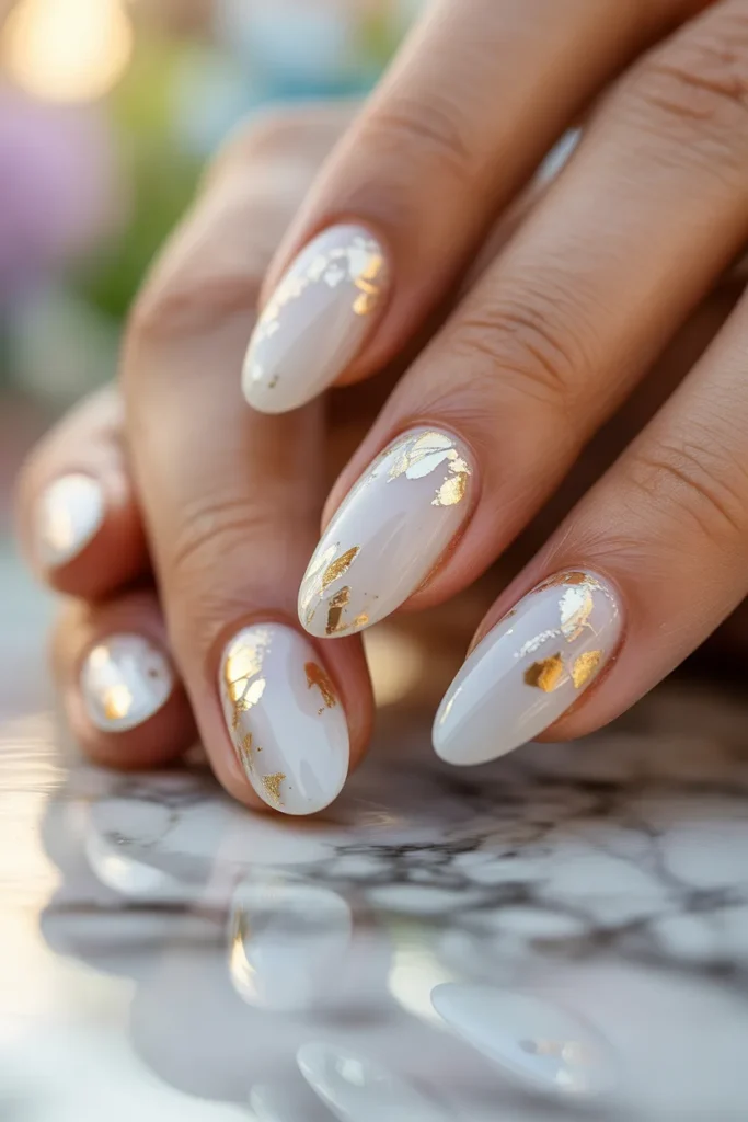 White almond spring nails with gold foil accent — elegant white spring nails design
