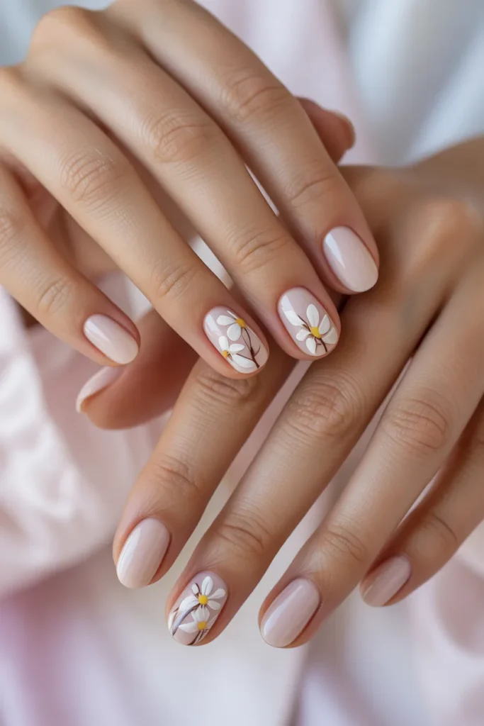 5. White Floral Nail Art on Sheer Base