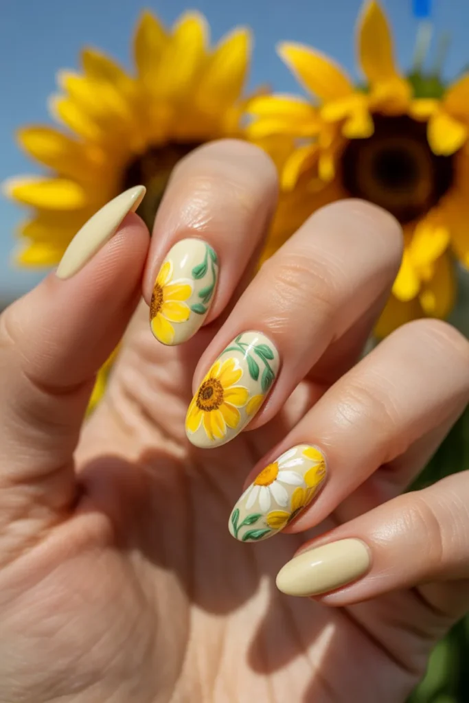 5. Yellow Floral Spring Nails