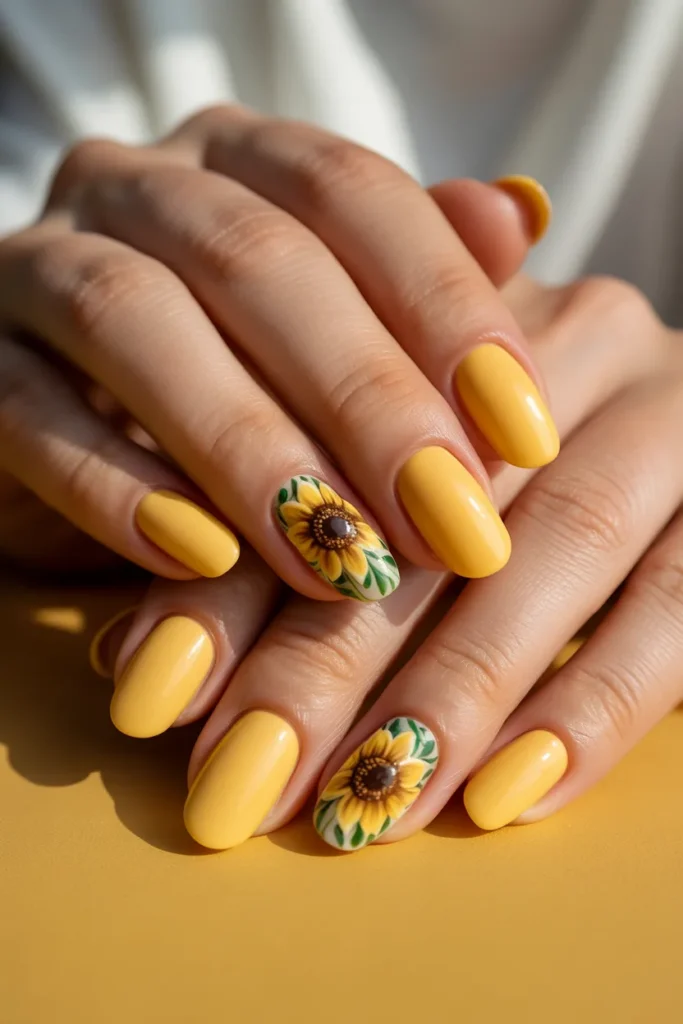 5. Yellow Spring Nails with Flowers — Sunflower Almond