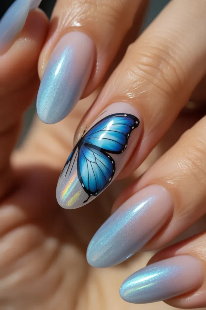 5.Blue Butterfly Nail Art