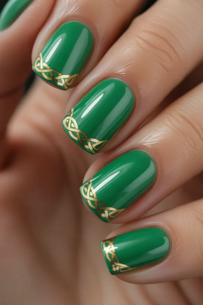 6. Irish Nails Square — Bold Green and Gold