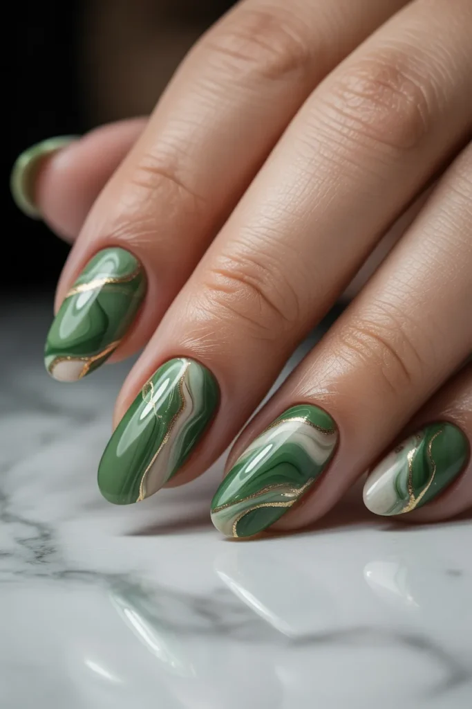6. Marble Green and Gold Nails