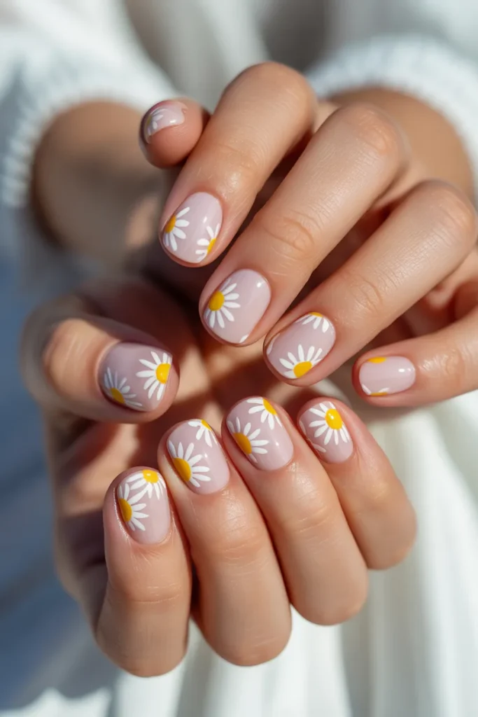 6. Short Floral Spring Nails — Daisy Design